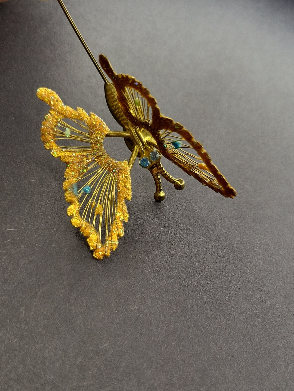 Gold Butterfly Brooch Pin with Blue Accents